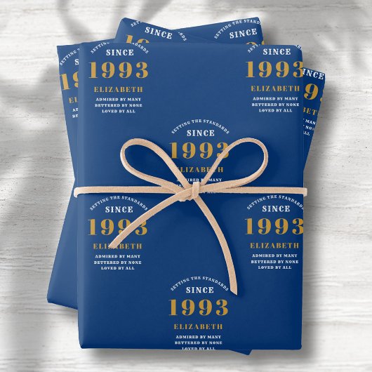 30e verjaardag 1993 Blue Gold Chic Elegant Inpakpapier Vel
