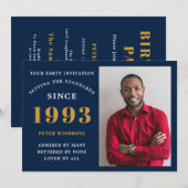 30e verjaardag 1993 Naam Foto Blue Gold Kaart (Voorkant / Achterkant)