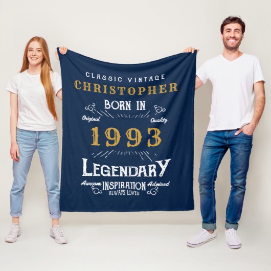 30e verjaardag 1993 Naam Legend Retro Blue Gold to Fleece Deken (In situ)