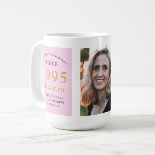 30e Verjaardag 1995 Roze Grijs Naam toevoegen Foto Koffiemok (Voorkant links)