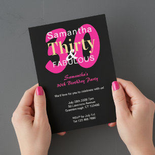30e verjaardag 30 en Fabulous Hot Pink Black Party Kaart