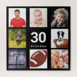 30e verjaardag 30 foto collage man man zwart legpuzzel<br><div class="desc">A gift for a young man's 30th birthday,  celebrating his life with a collage of 8 of your. Templates for age 30 and a date. Datum of birth of the date of the verjaarary. White Colored Letters. Black background.</div>