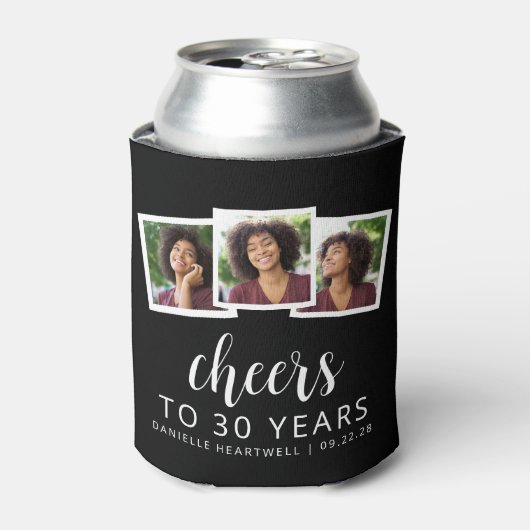 30e verjaardag 3-foto zwart wit script juichen blikjeskoeler (Blikje Voorkant)