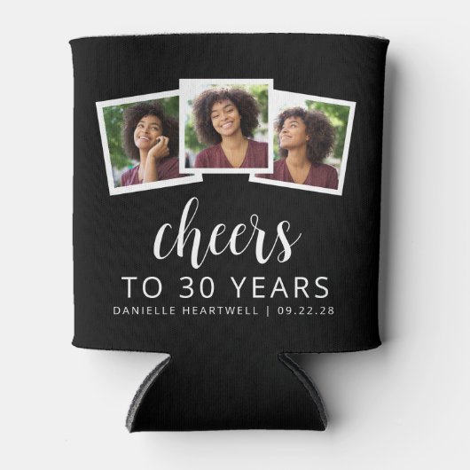 30e verjaardag 3-foto zwart wit script juichen blikjeskoeler (Voorkant)