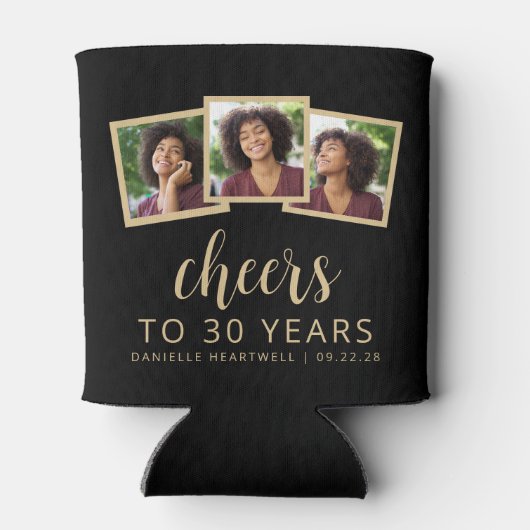 30e verjaardag 3-foto zwart wit script juichen blikjeskoeler (Achterkant)