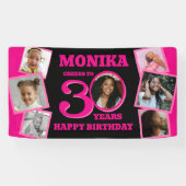 30e verjaardag 7 foto's naam roze zwart spandoek (Horizontaal)