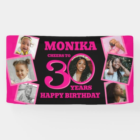30e verjaardag 7 foto's naam roze zwart spandoek (Horizontaal)