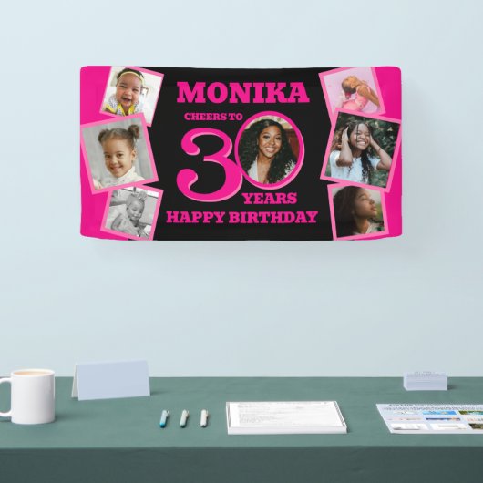 30e verjaardag 7 foto's naam roze zwart spandoek (Beurs)