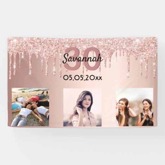 30e verjaardag aangepaste foto roos gouden roze gl spandoek (Horizontaal)