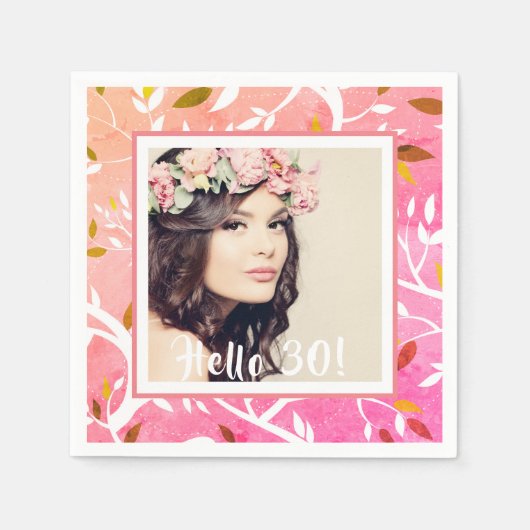 30e verjaardag aangepaste foto roze botanisch servet (Voorkant)