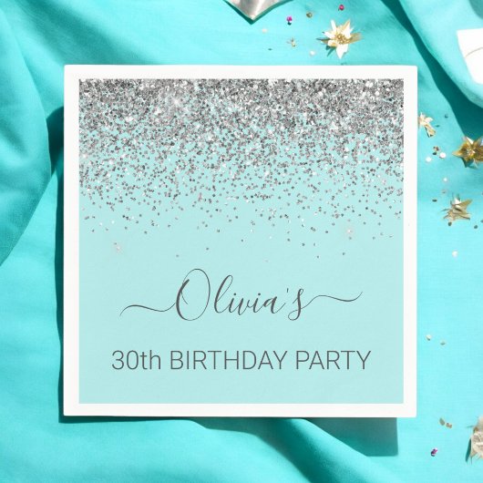30e verjaardag Aqua Blue Blauwgroen Silver Glitter Servet