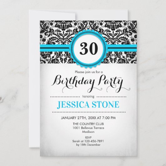 30e verjaardag - Aqua Blue Zwart Wit Damask Kaart (Voorkant)