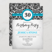30e verjaardag - Aqua Blue Zwart Wit Damask Kaart (Voorkant / Achterkant)