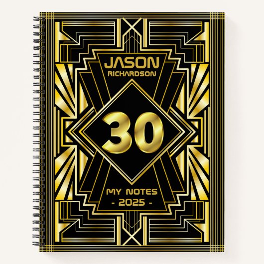 30e verjaardag Art Deco Gold Black Great Gatsby Notitieboek (Voorkant)