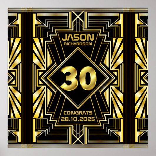 30e verjaardag Art Deco Gold Black Great Gatsby Poster (Voorkant)