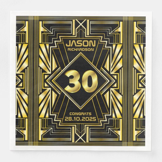 30e verjaardag Art Deco Gold Black Great Gatsby Servet (Voorkant)