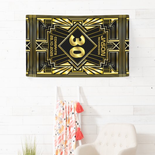 30e verjaardag Art Deco Gold Black Great Gatsby Spandoek (Insitu)