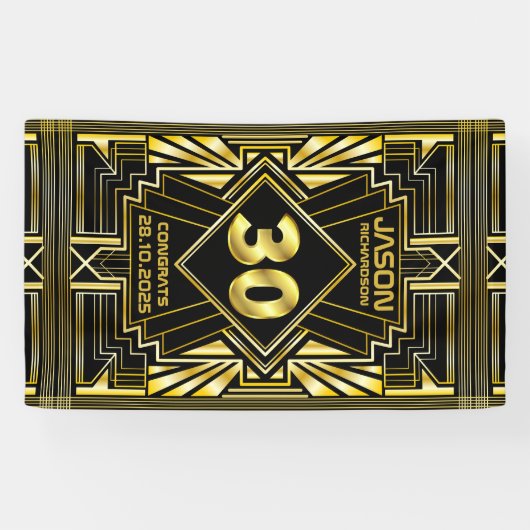 30e verjaardag Art Deco Gold Black Great Gatsby Spandoek (Horizontaal)