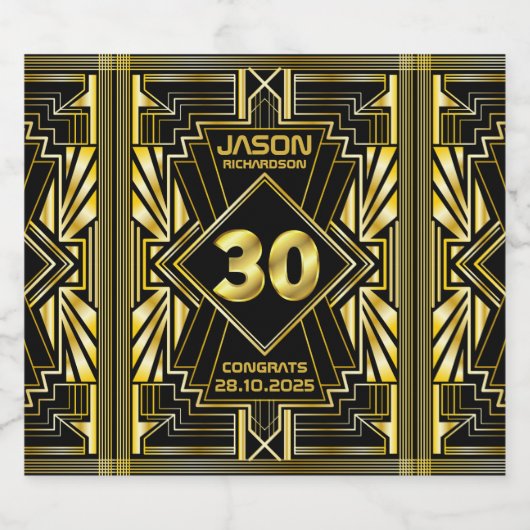 30e verjaardag Art Deco Gold Black Great Gatsby Sparkling Wijnetiket (Enkel label)