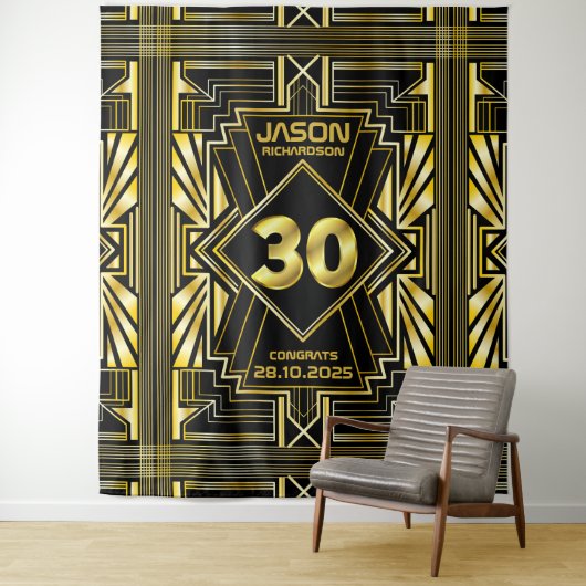 30e verjaardag Art Deco Gold Black Great Gatsby Wandkleed (In situ)