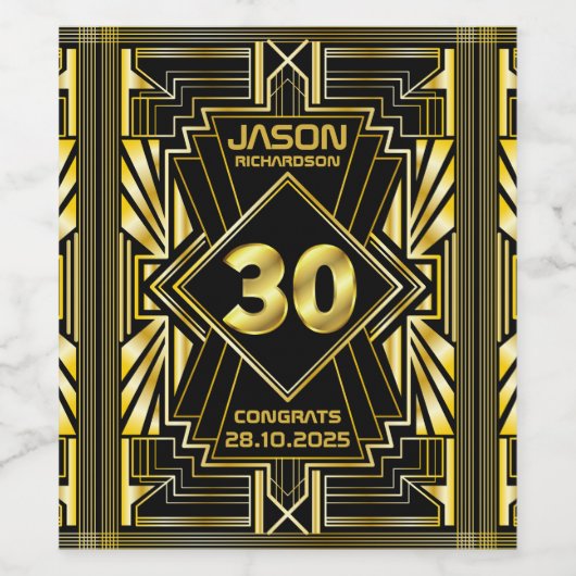 30e verjaardag Art Deco Gold Black Great Gatsby Wijn Etiket (Enkel label)