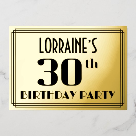 30e verjaardag: Art Deco Kijk "30" en naam Folie Uitnodiging (Voorkant)