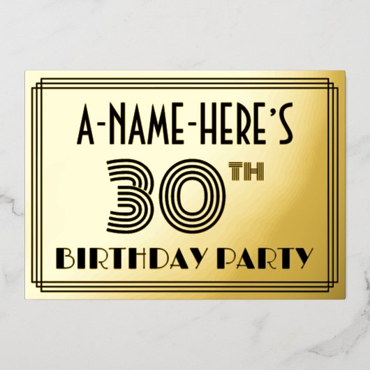 30e verjaardag — Art Deco Style "30" en naam Folie Uitnodiging (Voorkant)