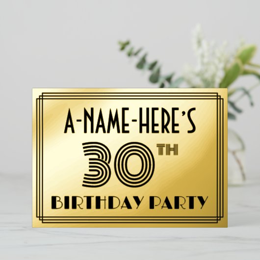 30e verjaardag — Art Deco Style "30" en naam Folie Uitnodiging (Staand Voorkant)
