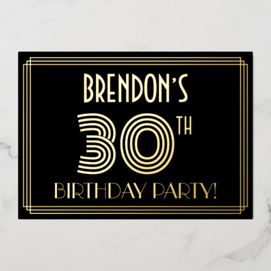 30e verjaardag — Art Deco Style "30" + Naam Folie Uitnodiging (Voorkant)