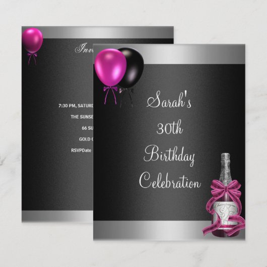 30e verjaardag Ballonnen Champagne Zilver Roze Kaart (Voorkant / Achterkant)
