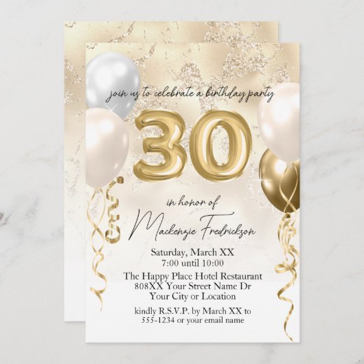 30e verjaardag ballonnen op gouden glitter marmer kaart (Voorkant / Achterkant)