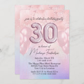 30e verjaardag ballonnen op holografisch en roze kaart (Voorkant / Achterkant)