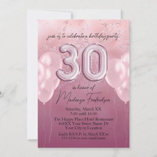 30e verjaardag ballonnen op roze glitter marmer kaart (Voorkant)
