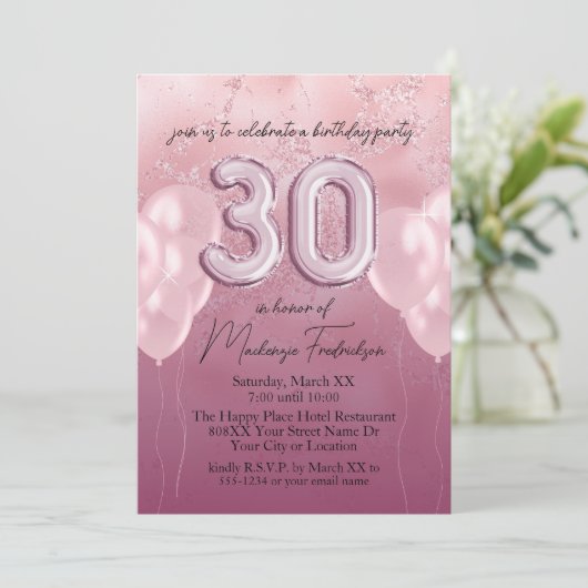 30e verjaardag ballonnen op roze glitter marmer kaart (Staand voorkant)