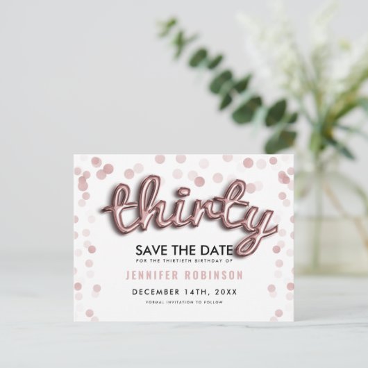 30e verjaardag Bewaar de datum Roos goudballonnen Aankondigingskaart (Staand voorkant)