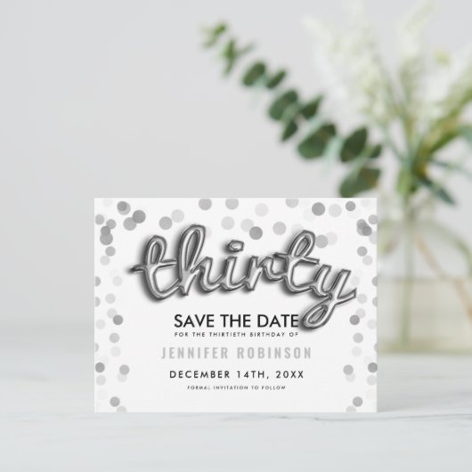 30e verjaardag Bewaar de datum zilveren ballonnen Aankondigingskaart (Staand voorkant)