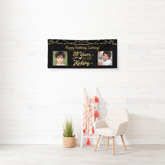 30e Verjaardag Black Gold String Lights Foto's Spandoek (Insitu)