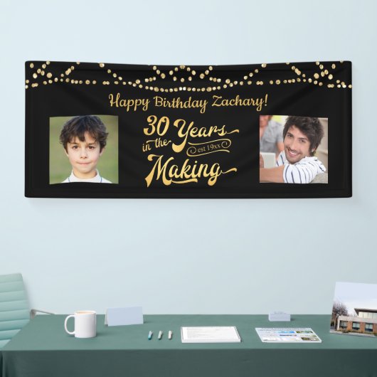 30e Verjaardag Black Gold String Lights Foto's Spandoek (Beurs)