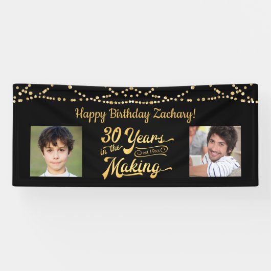 30e Verjaardag Black Gold String Lights Foto's Spandoek (Horizontaal)