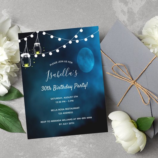 30e verjaardag blauw-maanlicht op feestdag uitnodiging briefkaart