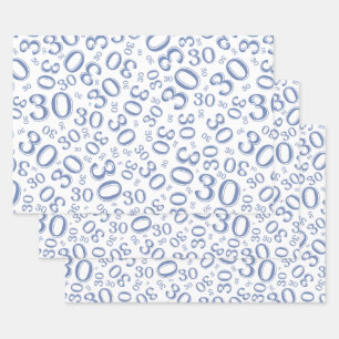 30e verjaardag Blauw & wit Random Number Patroon Inpakpapier Vel