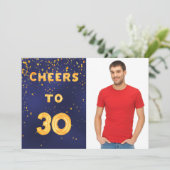 30e verjaardag blauwe goudkleurige fotoman kaart (Staand voorkant)