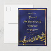 30e verjaardag blauwe goudmuzieknoten uitnodiging (Voorkant / Achterkant)