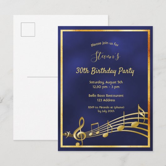 30e verjaardag blauwe goudmuzieknoten uitnodiging (Voorkant / Achterkant)
