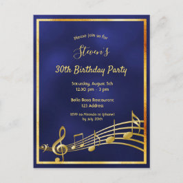 30e verjaardag blauwe goudmuzieknoten uitnodiging