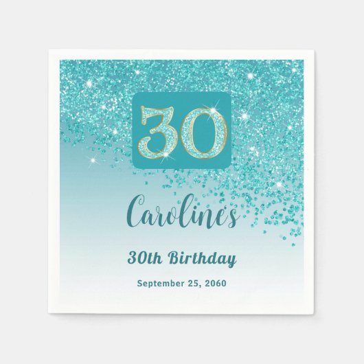 30e Verjaardag Blauwgroen Blue Glitter servetten (Voorkant)