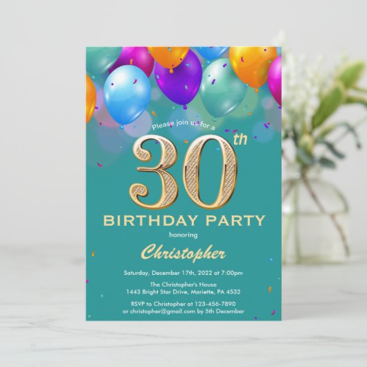 30e verjaardag Blauwgroen en goudkleurige ballonne Kaart (Staand voorkant)