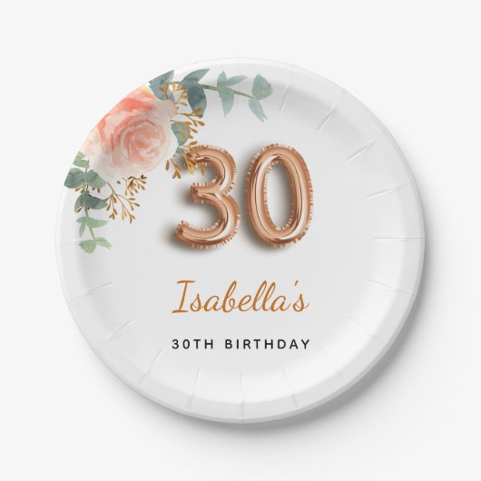 30e verjaardag bloem roos goud eucalyptusmonogram papieren bordje (Voorkant)