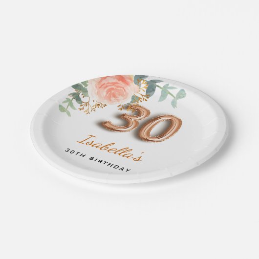 30e verjaardag bloem roos goud eucalyptusmonogram papieren bordje (Gekanteld)