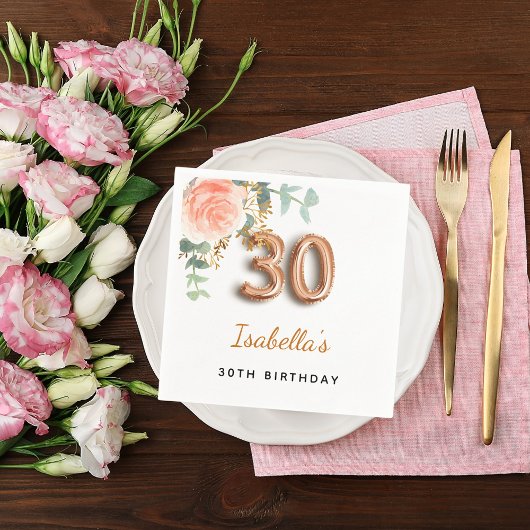30e verjaardag bloem roos goud eucalyptusmonogram servet